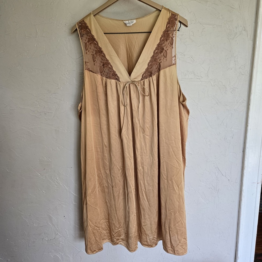 VTG VANITY FAIR  Nylon And Lace Nightie Chemise Size 3 XXL Plus Size Gold Yellow